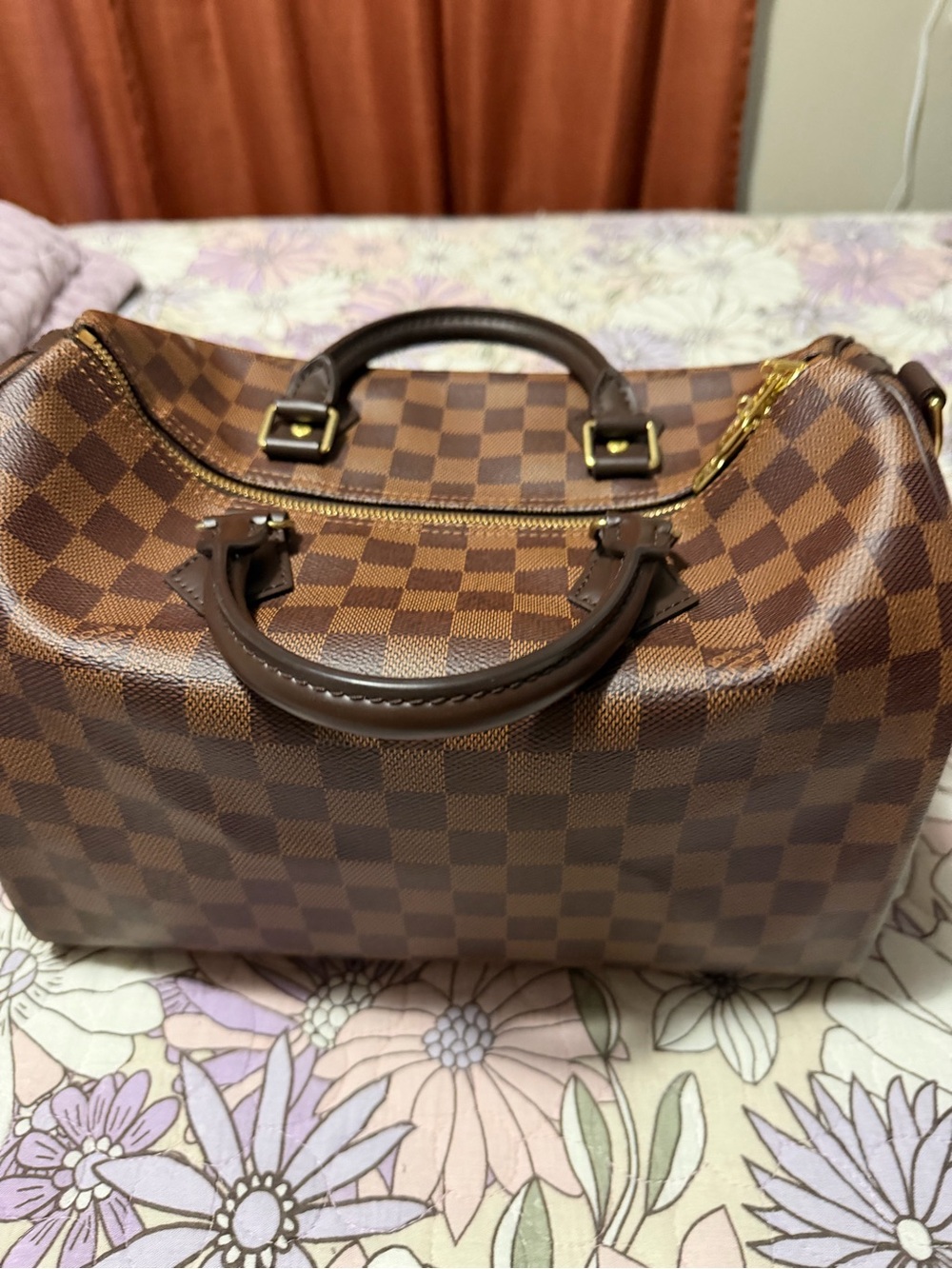 Louis Vuitton Brown Checkered Crossbody Satchel with Gold Hardware